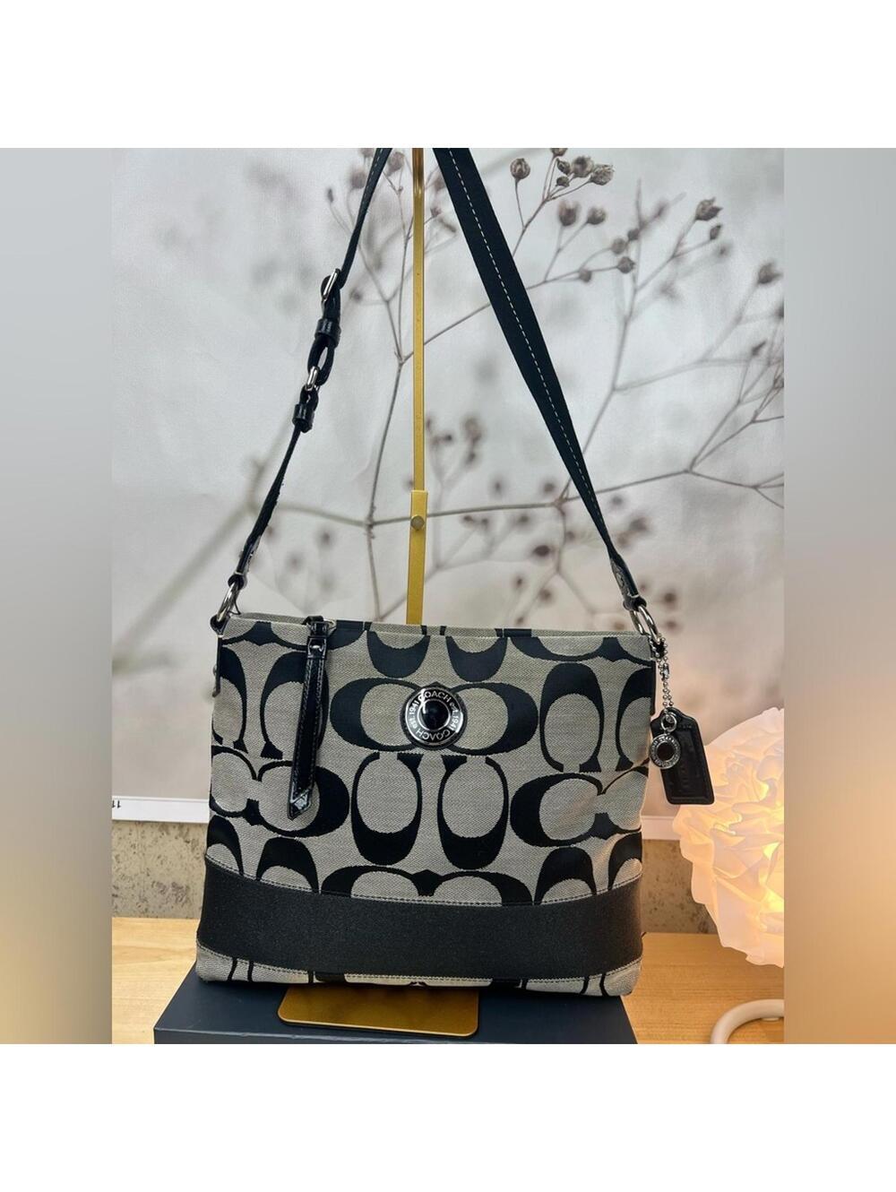 Coach Signature Jacquard North South Crossbody or Shoulder Bag Black Canvas